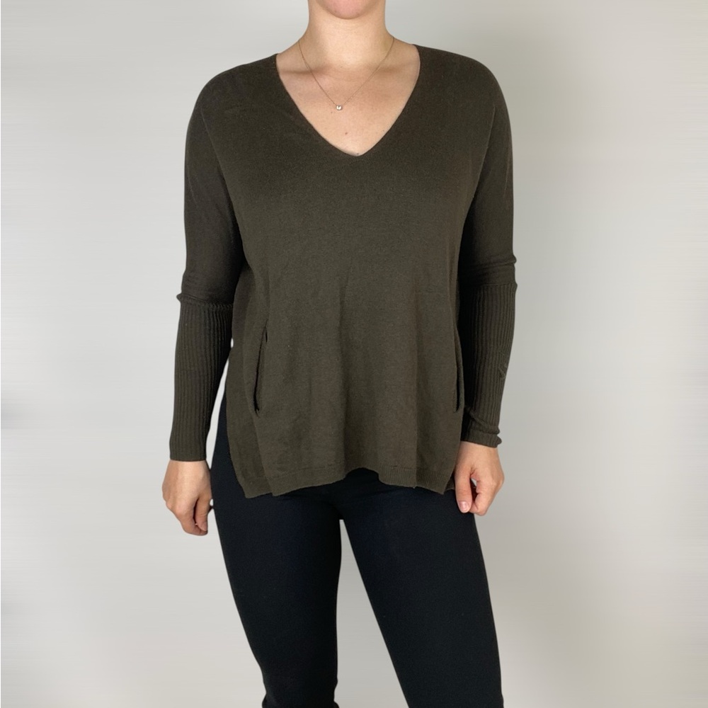 BABATON Linen Wool Blend V Neck Sweater Relaxed Fit Green‎ Pocket